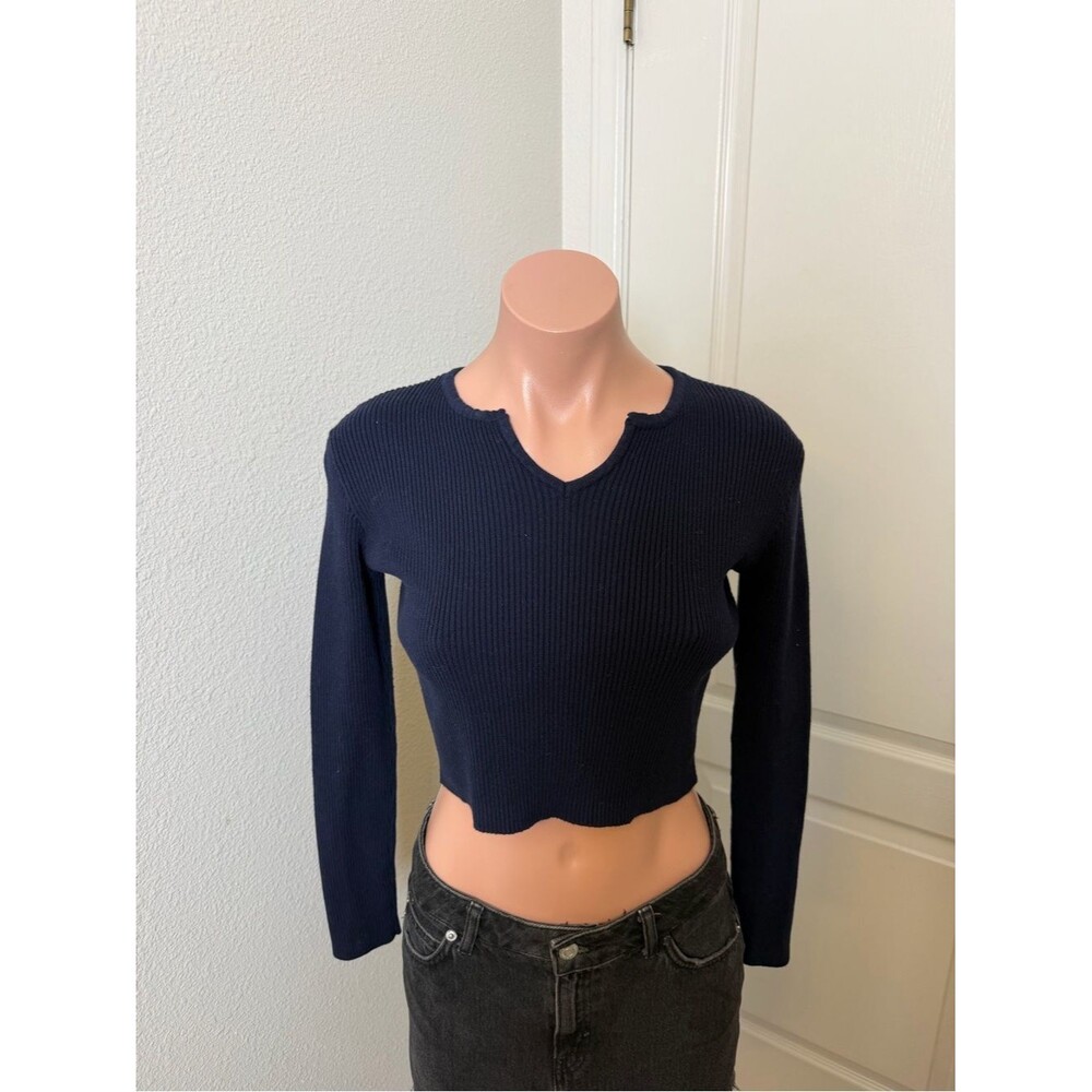 John Galt Cropped Ribbed Navy Blue V-Notch Sweater Sz S